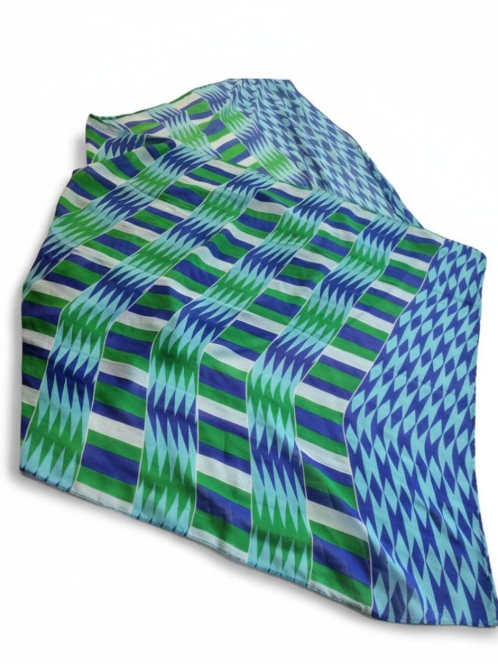 Minaco GH Vintage Silk Scarf Blue Green Turquoise Geometric Hand Rolled Edge Mod
